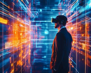 Fototapeta premium Businessman Wearing VR Goggles Exploring Futuristic Digital Investment Opportunities