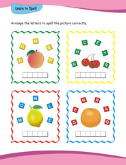 Learn to spell. This worksheet offers nursery and kindergarten children a fun way to practice spelling essential words like peach, cherry, lemon, and orange.