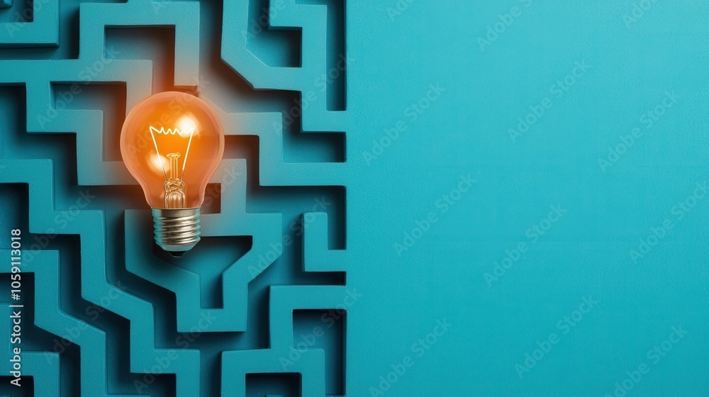 Poster glowing bulb at maze exit surrounded by sparks