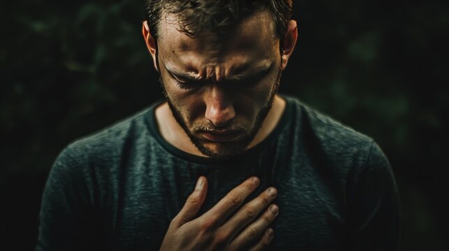 A person showing deep guilt, hand over heart, and eyes filled with remorse, reflecting on their actions