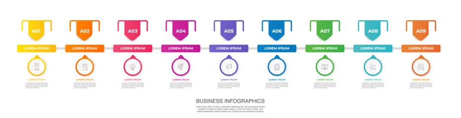 Business vector infographic design template. Circle timeline with icons and 9 nine arrows or steps. Used for process diagram, presentations, workflow layout, info graph, banner, flow chart