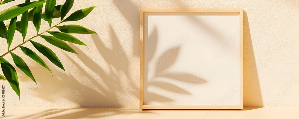 Poster stylish scandinavian-style bookshelf in cozy corner - modern design with blank picture frame and ind