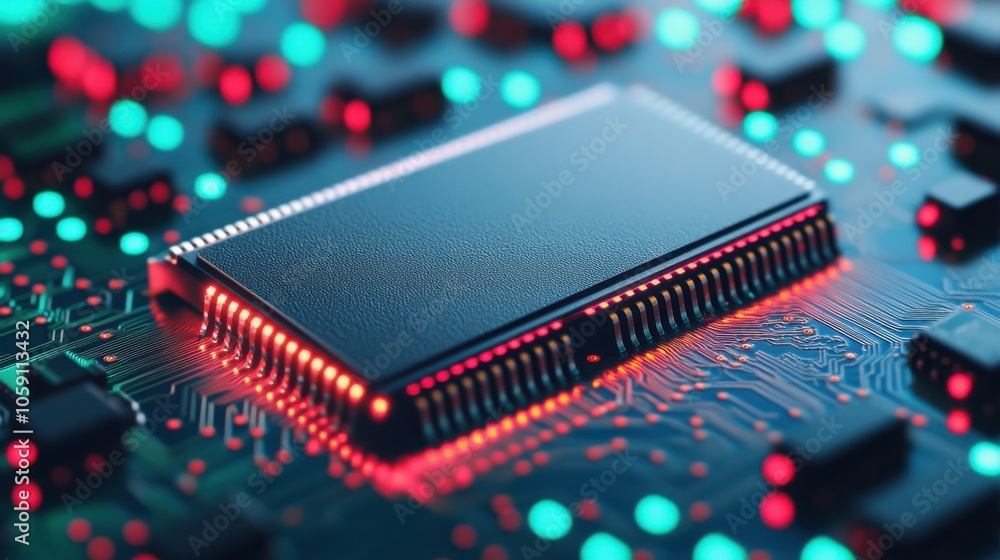 Poster memory chip on reflective surface with colorful lights