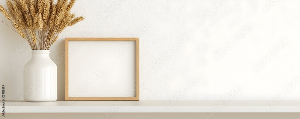 Poster minimalist open shelving display with blank frame and dried flowers - create an airy atmosphere in y