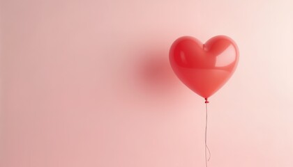 Single Red Heart-Shaped Balloon Floating Against Pastel Pink Background, Minimalist and Romantic