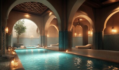 Ornate Moroccan pool with tiled walls.