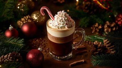 Festive Christmas Coffee with Whipped Cream and Candy Cane