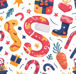Simple vector illustration of a Christmas-themed pattern with carrots, gifts, and boots on a light background, with the letter "S" in the middle