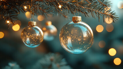 christmas transparent glass balls on green wallpaper
