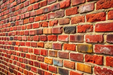 Obraz premium Weathered brick wall with varied shades of red and rough texture at tilted angle