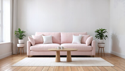 modern light living room with pastel pink couch and wooden table