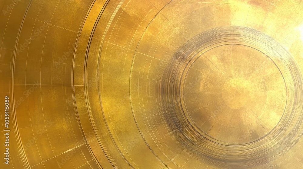 Poster elegant gold background with layered, transparent circular shapes and thin lines bordering the cente