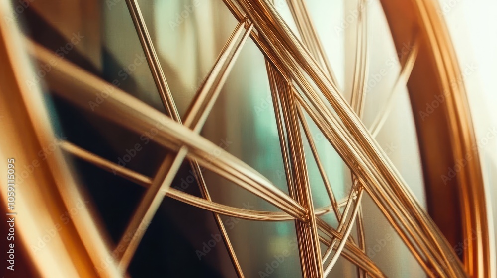 Poster Elegant gold-toned background with thin, overlapping lines and hexagonal shapes in soft gradient hues, framing an empty middle for text