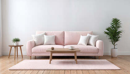 Fototapeta premium modern light living room with pastel pink couch and wooden table