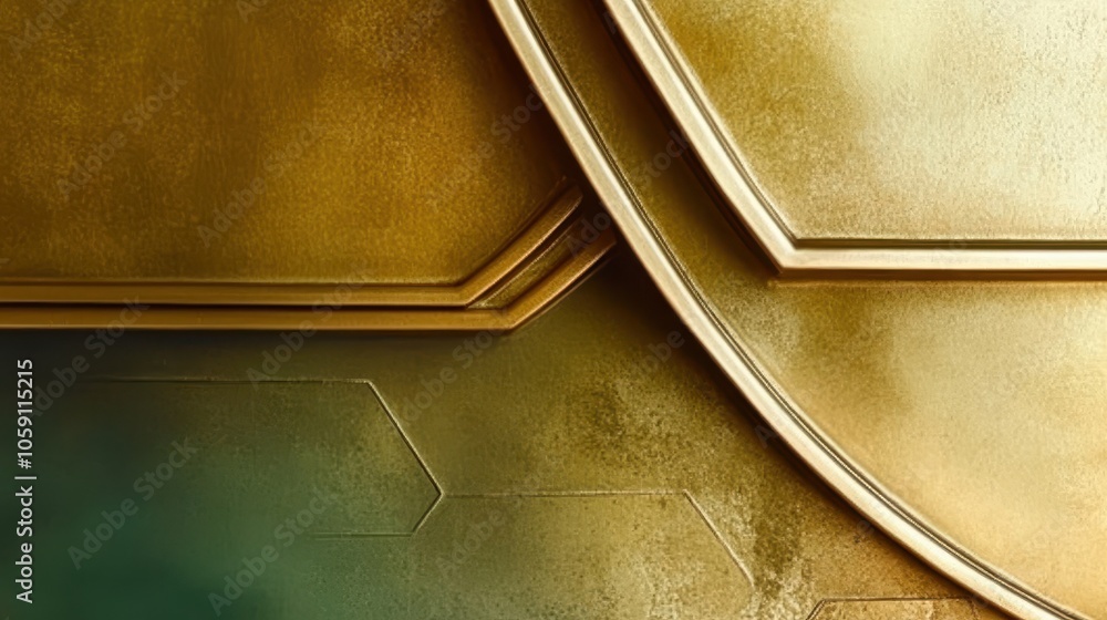 Poster Elegant gold-toned background with thin, overlapping lines and hexagonal shapes in soft gradient hues, framing an empty middle for text