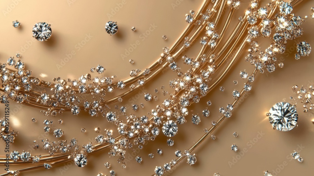 Poster golden background with scattered, abstract diamond shapes and thin, curved line designs, creating a 