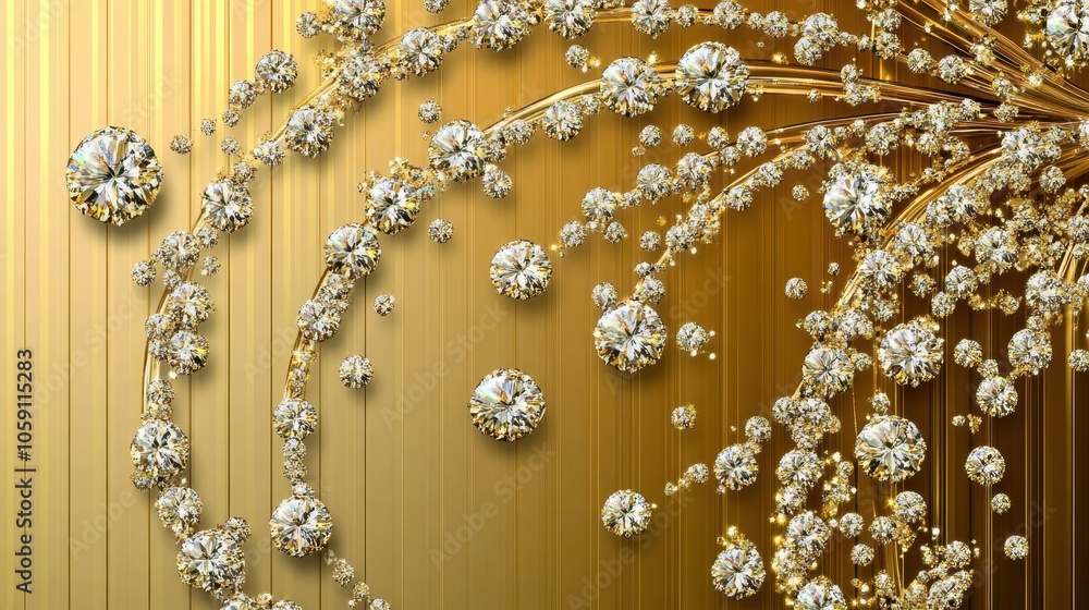 Poster golden background with scattered, abstract diamond shapes and thin, curved line designs, creating a 