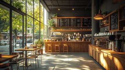 Fototapeta premium Contemporary Coffee Shop with Minimalist Design and Cozy Atmosphere