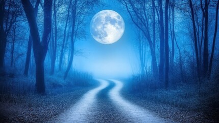 Naklejka premium Serene Night Path Under Full Moon Glow