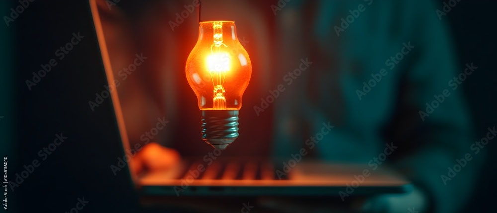 Poster glowing light bulb hovering over laptop in darkened office environment symbolizing the emergence of 