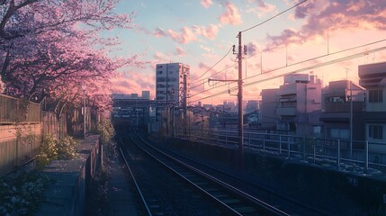 Fototapeta premium A serene urban landscape featuring train tracks bordered by cherry blossoms at sunset.
