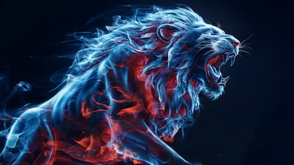Roaring Lion in Red and Blue Fire Flames