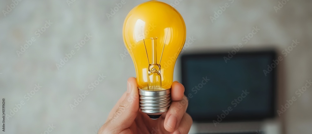 Poster close up of a vibrant yellow light bulb held in a hand against a laptop computer conveying the conce
