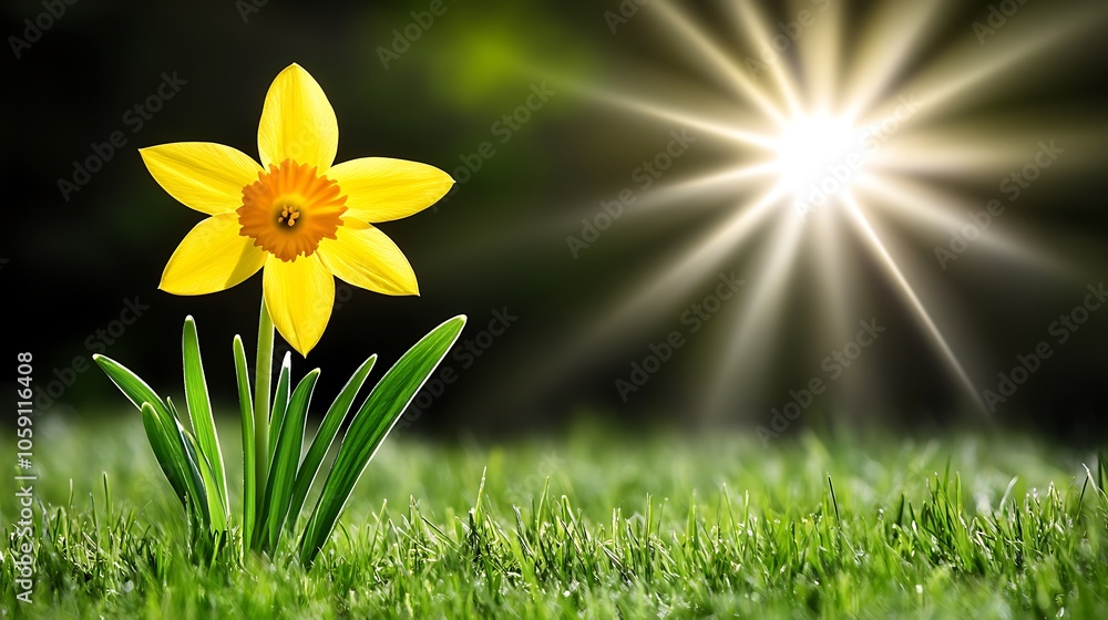 Poster single yellow daffodil in sunlight plain textured background for web design and copy
