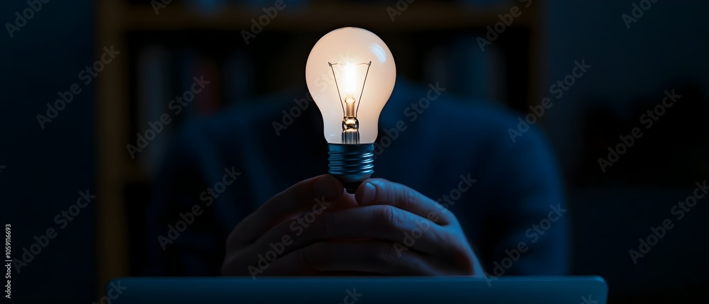 Poster close up of a hand holding a lit light bulb above a laptop representing innovation in a business or 