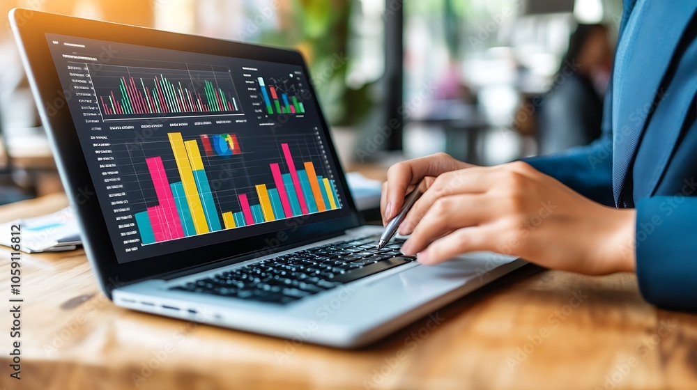 Aufkleber businesswoman analyzing data on laptop subtle blur background with space for custom text