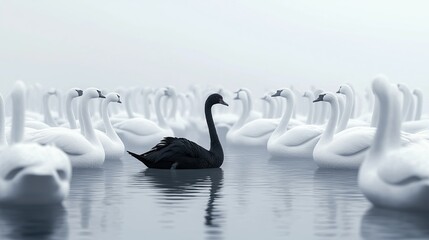 A single black swan surrounded by white swans.