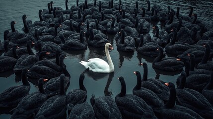A single white swan surrounded by black swans.