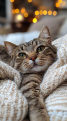 Cozy Tabby Cat Relaxing in Knit Blanket with Soft Warm Bokeh Lights in Background