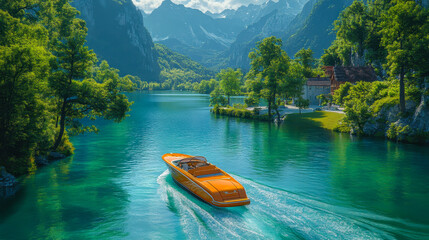 Vibrant Orange Speed Boat in Serene Mountain Lake with Lush Greenery and Clear Waters