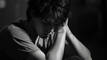 A person sitting alone, a deep sadness reflected in their eyes, shoulders slumped