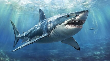 Naklejka premium Majestic Shark Swimming in Clear Blue Water