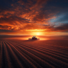 Fototapeta premium modern tractor harvesting crops in vast field at sunset, surrounded by beautiful clouds and warm colors. scene evokes sense of tranquility and hard work in agriculture