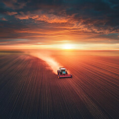 modern tractor harvesting crops in vast field at sunset, creating beautiful landscape with vibrant colors and dramatic clouds