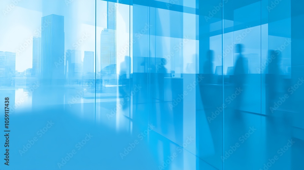 Poster silhouettes of people in office building blank background with copy space for design projects