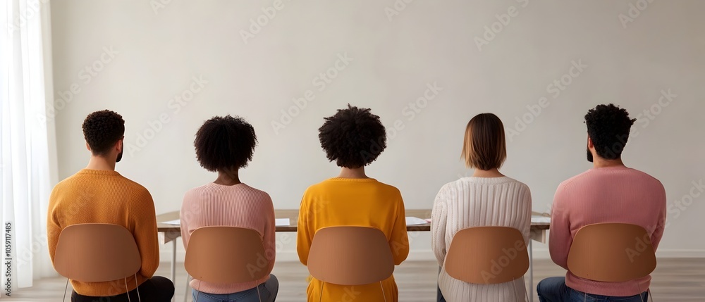 Poster A group of business professionals seated around a large round table in a bright modern meeting room engaged in a collaborative brainstorming session and discussing strategies ideas