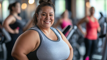 Fototapeta premium Confident plus-size woman in a gray sports top smiling during a workout in the gym, embracing an active and healthy lifestyle with joy