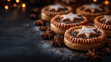 Fototapeta premium Baked pastries adorned with star-shaped icing arranged in a circular pattern on a dark surface, surrounded by anise stars and powdered sugar. Warm lighting creates a cozy, festive atmosphere.