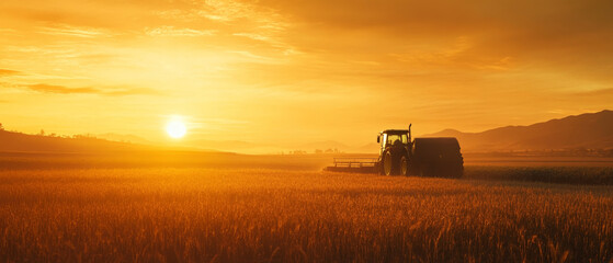 Fototapeta premium modern tractor working in golden field at sunset, showcasing advanced farming technology and serene rural beauty