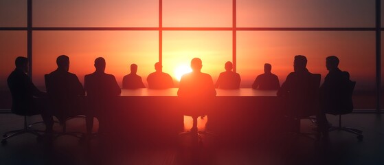 Business professionals seated around a large round table in a bright meeting room brainstorming and collaborating on strategies planning and decision making for their organization