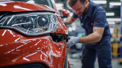 Mechanic inspecting damaged bumper of red car in auto repair shop