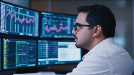 Professional in Corporate Setting with Multiple Screens