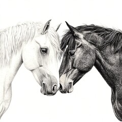 Two horses, one white and one black, leaning closely together on a white background.