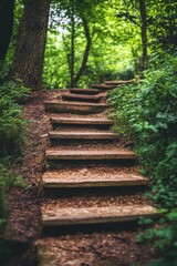 A wooden staircase winds through a vibrant forest filled with lush greenery and trees. Sunlight filters through the leaves, creating a tranquil atmosphere