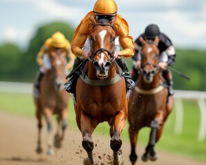 Naklejka premium Jockeys Racing Racehorses Under Bright Sunlight