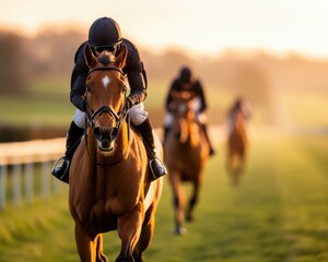 Jockeys Racing Horses in Sunlit Track